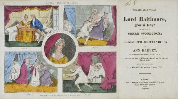 Ein historisches Dokument, das einen Prozess gegen Lord Baltimore wegen angeblicher Vergewaltigung zeigt, einschließlich Illustrationen von Menschen, Vorhängen und Text.