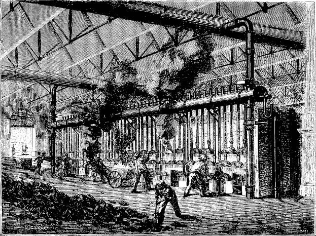 Schwarz-weiß-Zeichnung einer belebten Stahlfabrik aus den 1910er Jahren mit Arbeitern, Maschinen und Industriegebäuden.