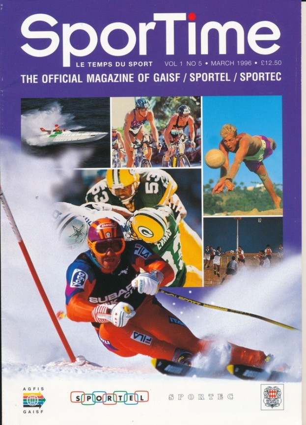 Titelbild von *Sporttime Magazine* März 1996, das Ski- und Snowboardbilder mit Text und Logos zeigt.